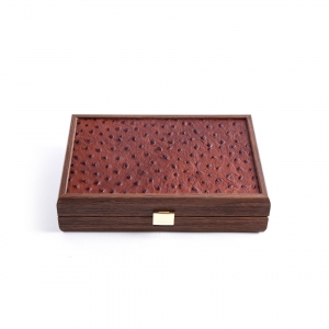 PLASTIC COATED PLAYING CARDS in Brown Leather Ostrich tote wooden case