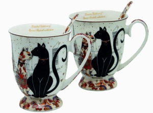 Набор из 2 фарфоровых кружек с изображением кошек + ложки